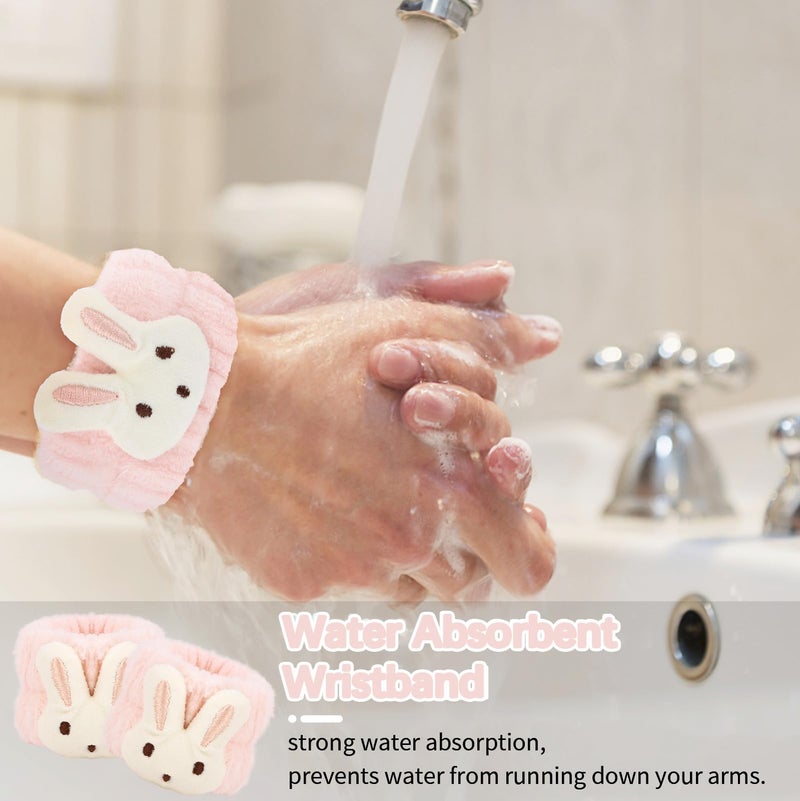 WHAVEL 3PCS Face Wash Headband and Wristband Set, Cute Rabbit Ears Headband for Washing Face Makeup Head band Wrist Towels Arm Bands (pink) - Image 3